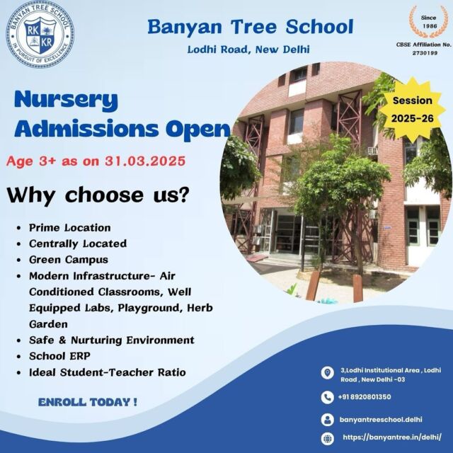 🌟 Nursery Admissions Open for 2025-26!🌟

The first step towards a bright future starts here! ✨ Enroll your little one in our nurturing, fun-filled environment where learning and growth go hand-in-hand. We’re now accepting applications for the 2025-26 academic year.

Let’s make their educational journey a magical one! 🏫💫

📅 Limited seats available, apply today!

https://banyantree.in/delhi/

#NurseryAdmissions2025 #FutureLeaders #EarlyEducation #LearningIsFun #BrightBeginnings